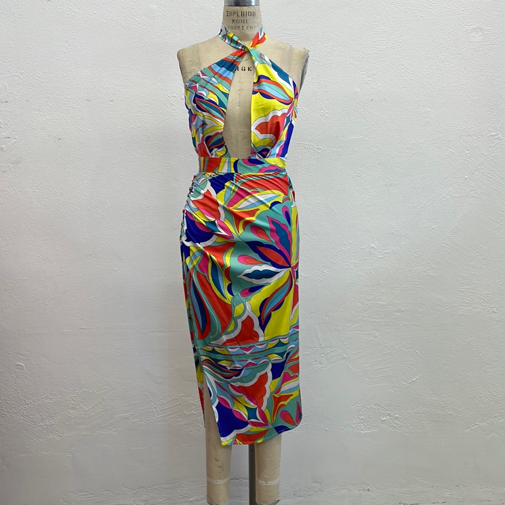 Scarf Print Satin High Slit Halter Dress